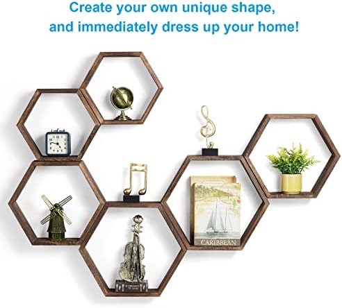 Hexagon Floating Shelves Set of 6, Paulownia Wood Honeycomb Wall Shelf
