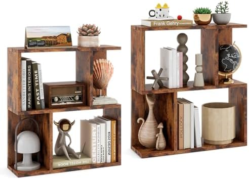 GIANTEX 3-Tier S-Shaped Bookshelves Set of 2, Modern Geometric Bookcase, Freestanding Display Shelf for Small Space, Ver