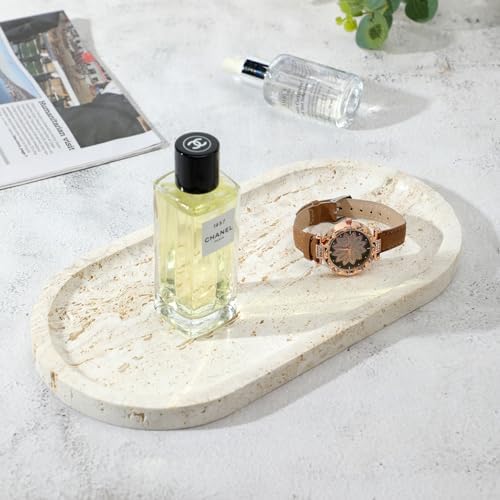 Natural Travertine Marble Tray, Bathroom Dresser Tray for Countertop, Decorative Dish Organizer for Jewelry, Toiletries,