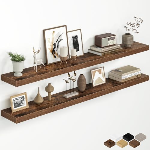 55 Inch Floating Shelves for Wall, Wood Wall Mounted Deep Storage Shelves with Invisible Brackets, Extra Long Decorative