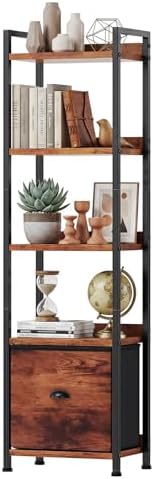 DUMOS 5 Tier Bookshelf with Fabric Drawer, Display Standing Shelf, Brown