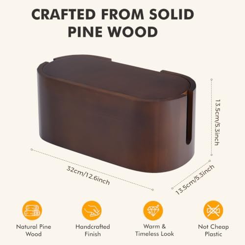 Wooden Cable Management Box with Lid, Decorative Cord Organizer for Power Strip & Charger Cables, Ventilation Holes & Si