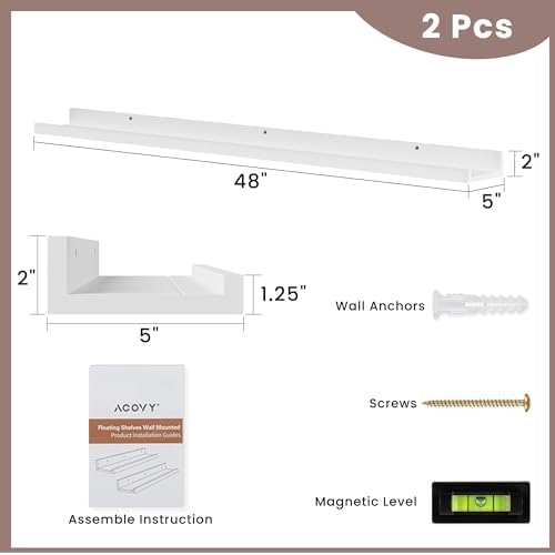 Acovy Long Floating Shelves for Wall, 48 inch Solid Wood Picture Ledge Shelf, Picture Shelf for Wall with Ledge, Floating Book Shelves for Living Room Bedroom Kitchen Nursery Decor, White, Set of 2