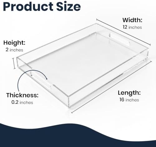 12"x16" Acrylic Serving Tray with Handles, Spill Proof Clear Decorative Tray, Lucite Tray for Coffee Table, Vanity, Make