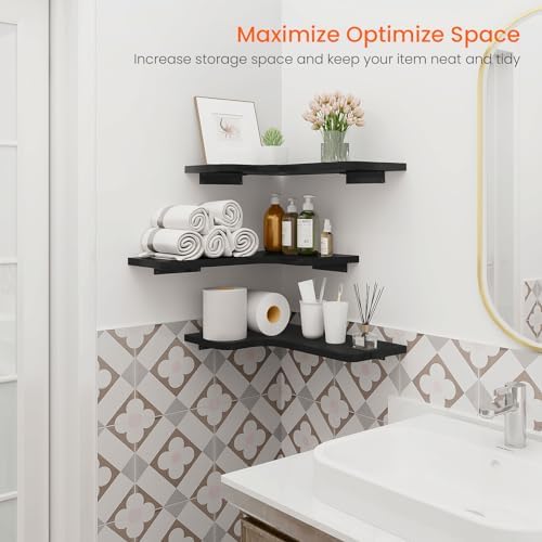 Homode Corner Shelves Wall Mounted, Set of 3 Floating Corner Shelves with Cord Hole, 3 Tier Wooden Hanging Display Shelf