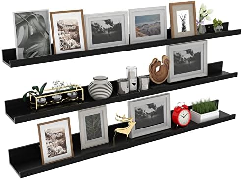 Giftgarden 47 Inch Black Floating Shelves Ledge, Wall Mount Long Picture Rail Large Woodgrain Photo Shelving for Living 