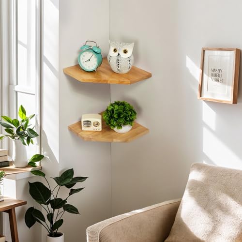 Corner Wall Shelves, Corner Floating Shelves Set of 2 Solid Oak Wood Display Shelf with Wire Hole Small Plant for Kitche