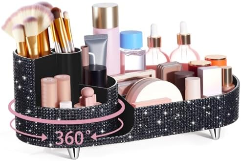Rotating Makeup Organizer Vanity, Black, Rhinestone