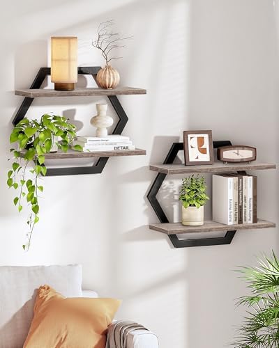 CHOEZON Hexagon Floating Shelves for Wall, Set of 2, 2 -Tier Hanging Shelves, Wall Mounted Storage Shelves, for Living R
