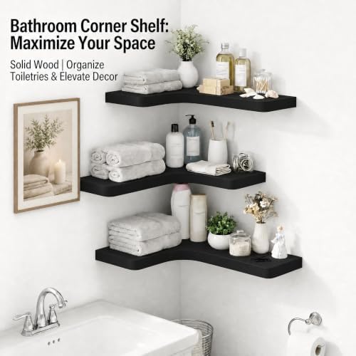 16 Inch Solid Wood Floating Corner Shelves, 3 Pack, Matte Black