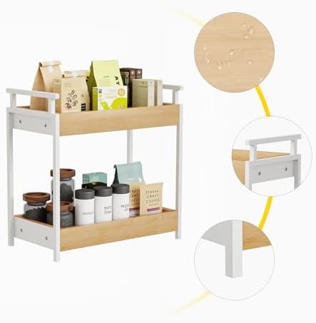KLM Countertop Coffee Station Organizer, 2 Tier Wooden Shelf for Coffee Bar Accessories, Condiment Storage Caddy for Kit
