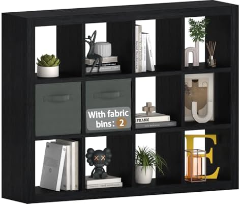furtble Bookshelf with Storage Bin, 12-Cube Storage Organizer, Modern Wood Open Bookcase, Multifunctional Display Shelf 
