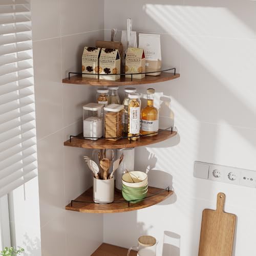 JJL Corner Shelf Wall Mounted, 12 Inches 3-Tier Floating Corner Shelf, Fan-Shaped Rustic Wood Decor with Fence, Brown St