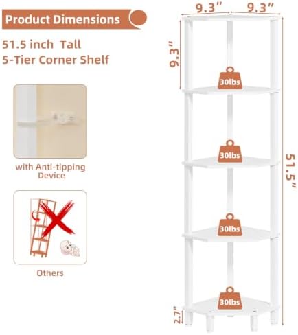 YUFAM 5-Tier Corner Shelf, White