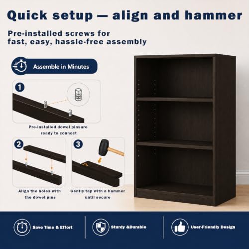 CTESNE【2026 Adjustable Shelves 3-Tier Bookcase, 71 inches, Wooden Open Display Floor Bookshelf (Chocolate Color)