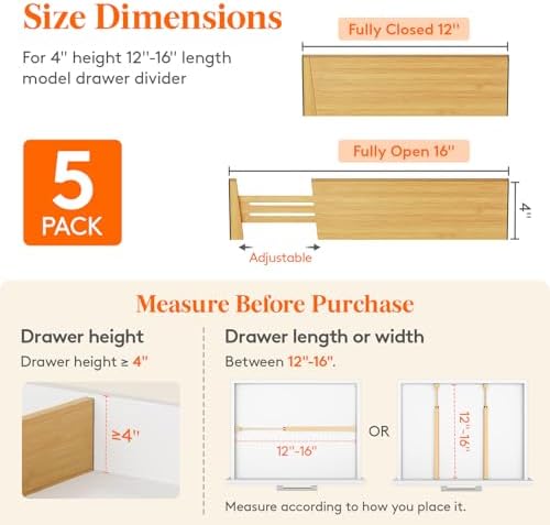 Lifewit 4" High Dresser Drawer Dividers, Adjustable Bamboo Drawer Organizer