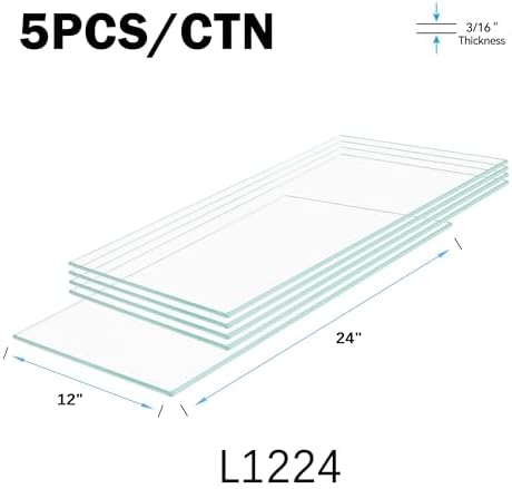 12" x 24" - 5-Pcs Tempered Glass Rectangular Shelves - 3/16" Thick - Home & Office Storage Racks