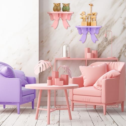 Pinkunn 2 Pcs Bow Floating Shelves Kawaii Shelf Book Stand, Pink,Purple