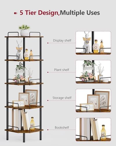 Tajsoon 5 Tier Corner Shelf Stand, Small Corner Table, Rustic Brown