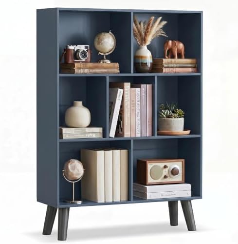 YAHARBO Blue Bookshelf,3 Tier Book Shelf with Legs, 7 Cube Minimalist Bookcase,Storage Organizer Shelves Display Bookcas