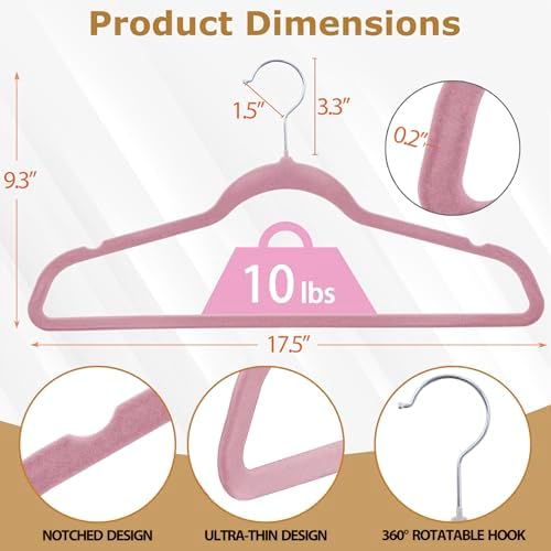 SUPER DEAL Velvet Hangers 100 Pack, Premium Clothes Hanger Slim Non-Slip Notched for Suit Coat Pants Dress, 360 Degree Swivel Space Saving Heavy Duty for Closet, Pink