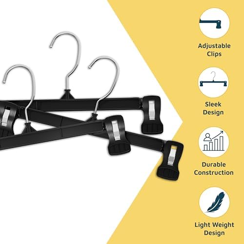 Lifemaster Pants Hangers with Clips Pack of 25, 12-Inch Heavy-Duty Clothes Hangers with Non-Slip Ridged Grip Clips & 360° Swivel Hook, Space-Saving Closet Organizer for Pants, Skirts & Shorts, Black