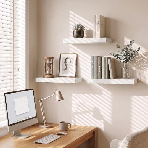 16 Inch Floating Shelves for Bathroom White, 8" Deep Wall Shelf, Set of 3
