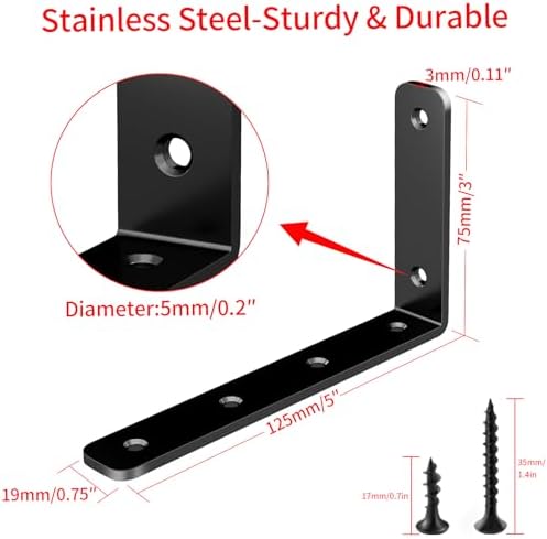 YUMORE Heavy Duty L Bracket, 5 x 3 Inch Corner Brace, Black, 4 Pack