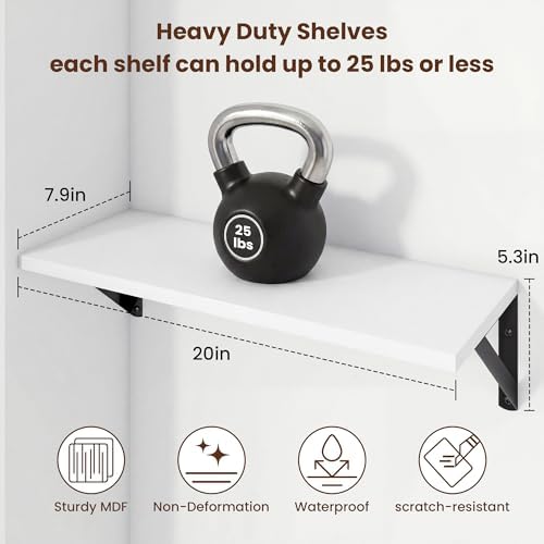 Axeman 20 Inch Floating Shelves, 8 Inch Deep White Wall Shelves Set of 2