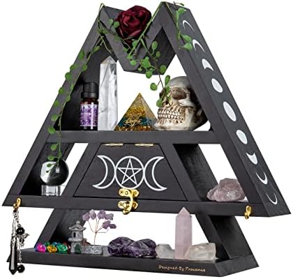 Pracaniz Crystal Shelf with Flap Drawer&Hooks for Wall&Desktop, Crystal Holder as Witchy Room Decor,Moon Phase Triangle 