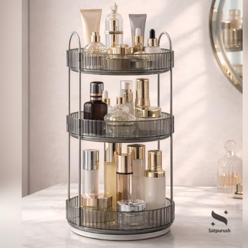 360° Rotating Makeup Organizer, 3 Tier Spinning Cosmetic Organizer for Vanity & Bathroom Countertop, Holds Tall Skincare