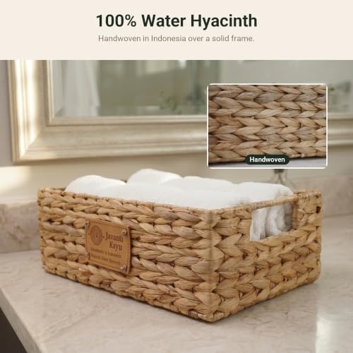 Wicker Storage Baskets for Shelves, 2 Pack, 12" x 8" x 4" | Small Woven Baskets for Organizing, Water Hyacinth Baskets, 