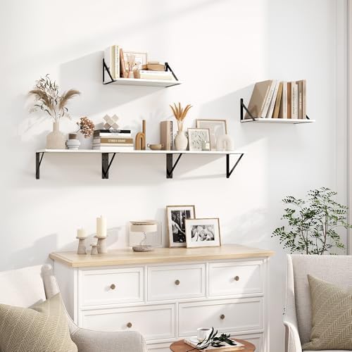 Heimlove White Deep Floating Shelves for Wall, 16W x 8D Wood Wall Shelves Set of 2, Wide Floating Bookshelf for Living R