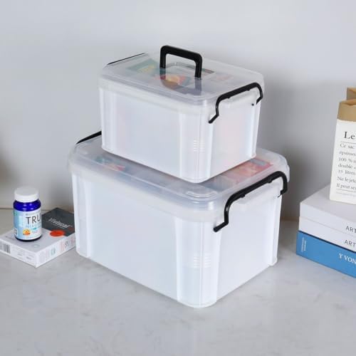 Set of 2 Medicine Organizer - Plastic Storage Box with Handle White