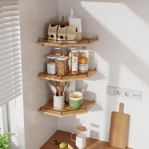 JJL Corner Shelf Wall Mounted, 12 Inches 3-Tier Floating Corner Shelf, Hexagon Rustic Wood Decor with Fence, Natural Woo