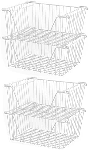 Slideep 14'' Large Stackable Storage Baskets Cabinet Organizer Sturdy Metal Wire Pantry Freezer Bin for Pantry Home Bath