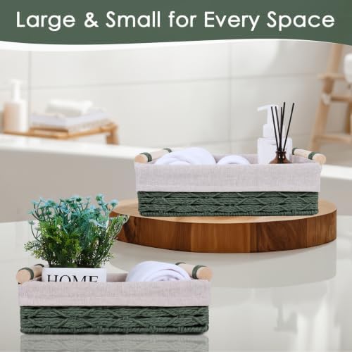 Wicker Storage Basket with Wooden Handle – Paper Rope Decorative Toilet Paper Baskets & Bathroom Organizer for Toilet Ta
