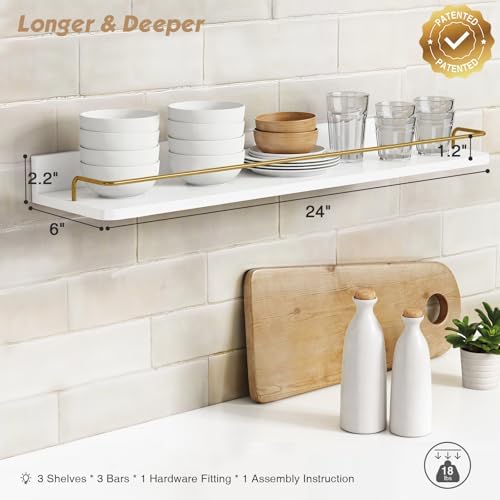 Forbena 24 Inch Bathroom Floating Shelves for Wall Set of 3, Gold Bathroom Shelves Over Toilet Wall Mounted with Rail, D