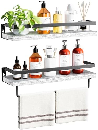Amada Bathroom Shelves with Towel Bar, Set of 2, White