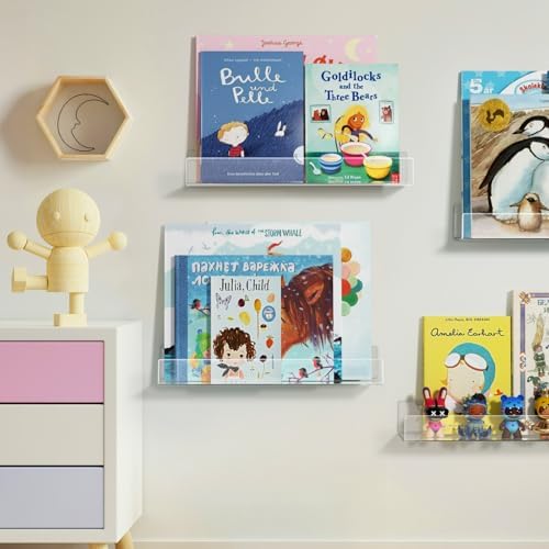 NIUBEE 16.5-Inch Acrylic Floating Bookshelves, 4-Pack, Clear Modern Wall Shelves for Child/Toddler， Invisible Ledge Book Shelves for Multi-Layer or Multi-Room Storage in Kids’ Rooms and Family Spaces