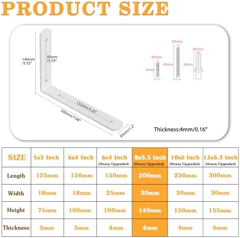 Alise White Shelf Brackets,L Brackets for Shelves,8x5-3/5 Inch,4 Pcs