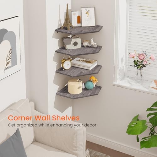 Homode Corner Shelf Wall Mount, Set of 4 Corner Floating Shelves with Cord Hole, Wall Shelf Organizer, Wood Hanging Stor
