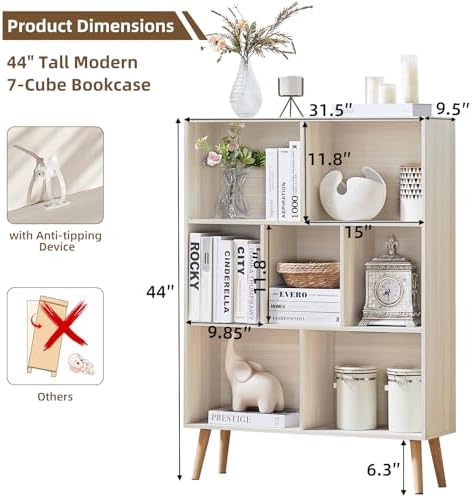LEYAOYAO Cube Bookshelf, Mid-Century Modern Book Shelf with Legs,Light Grey