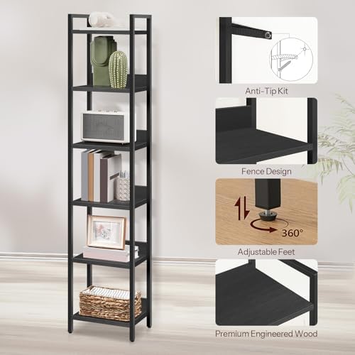 MAHANCRIS Bookshelf, 6-Tier Bookcase, Standing Book Shelf for Small Space, Storage Shelf Organizer, for Living Room, Bed