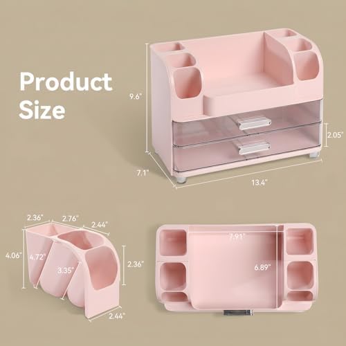 Makeup Organizer for Vanity with 2 Large Drawers and 6 Brush Holders, Pink
