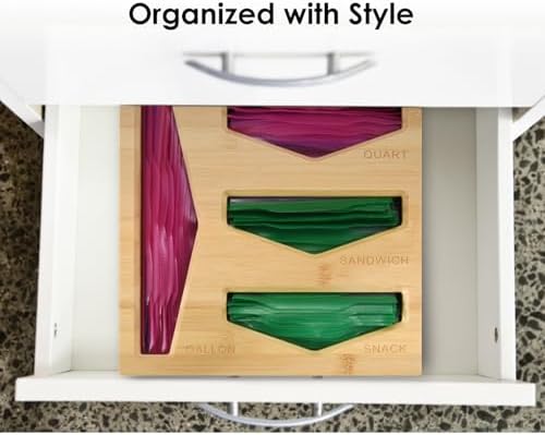Bamboo Bag Storage Organizer for Kitchen Drawer, Baggie organizer, Compatible with Gallon, Quart, Sandwich and Snack Var