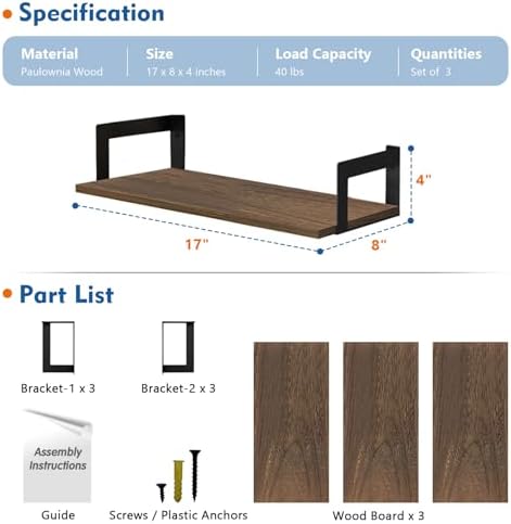 Harwaya Floating Book Shelves for Wall Set of 3, 17 x 8 Inch Deep Wooden Wall Bookshelf for Bedroom Office, Rustic Wood 