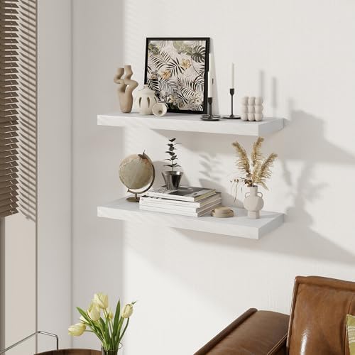 White Floating Shelves for Wall, 27.5 Inch Bathroom Shelves Set of 2, Rustic Wood Wall Shelf with Invisible Brackets for