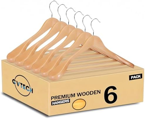 GVTECH Premium Wooden Hangers [6 Pack] - Wide-Shoulder Hangers for Heavy Garments – Non-Slip Suit Hangers with 360-Degree Swivel Hook for Coats, Blazers, and Jackets (Natural)