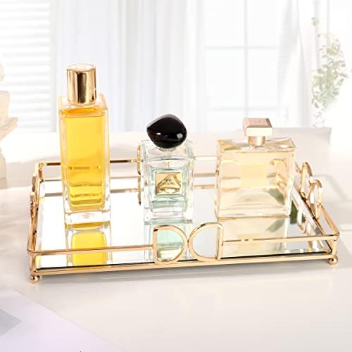 Gold Mirror Vanity Tray for Perfume, 11.7x7.9 Non-Slip Glass Dresser Tray, Elegant Decorative Organizer for Bathroom Cou